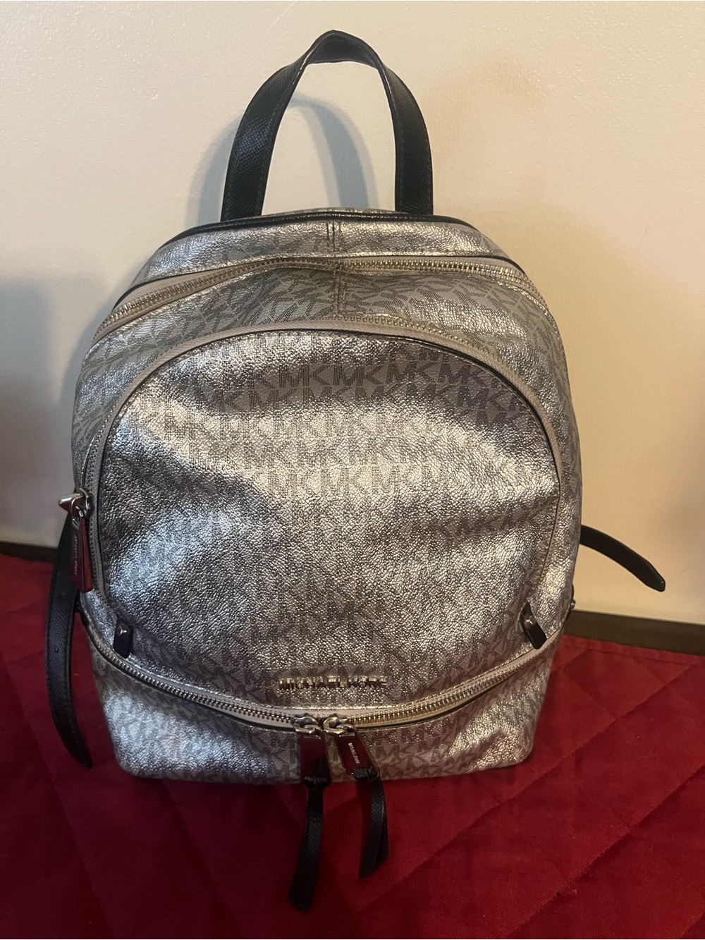 Michael Kors Silver Metallic MK Logo Mini Backpack